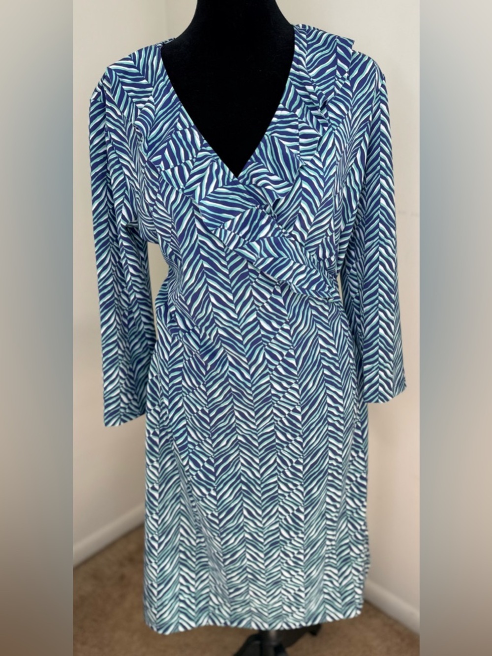 J McLaughlin Womens Blue Green Stripe Ruffle V Neck Faux Wrap Preppy Dress sm
